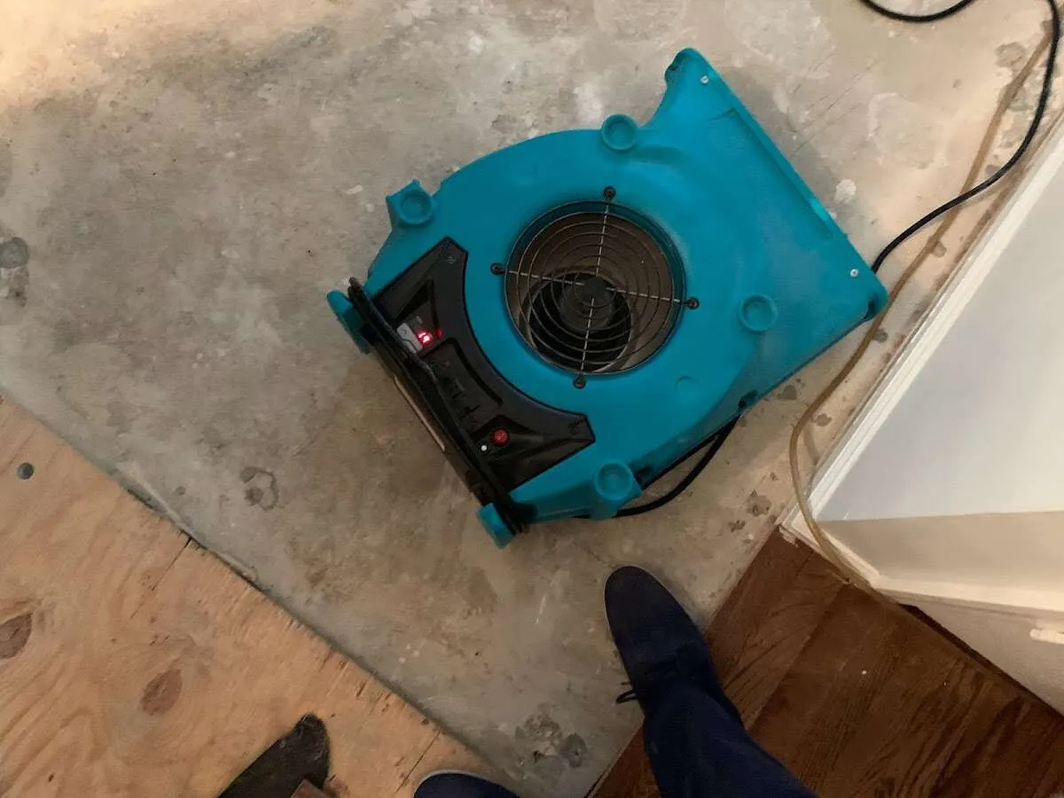 Air mover drying subfloor during Commercial Water Damage Restoration in DeLand